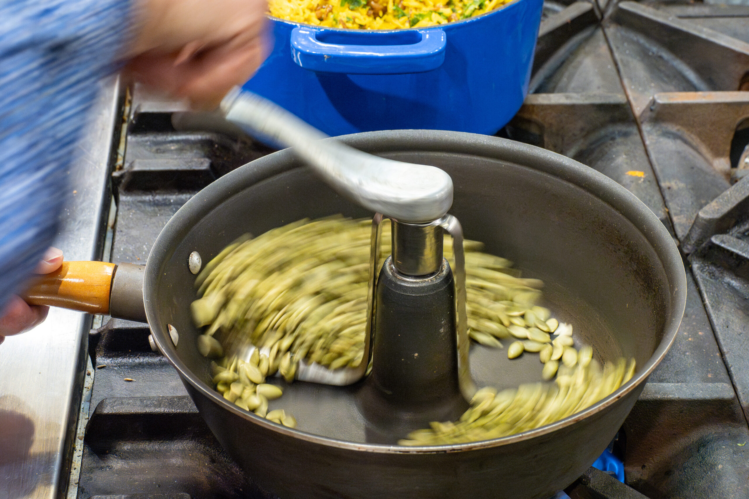 Brian uses plum vinegar to salt the dish’s pumpkin seeds. The method acts as an alternative to using sodium-based products.