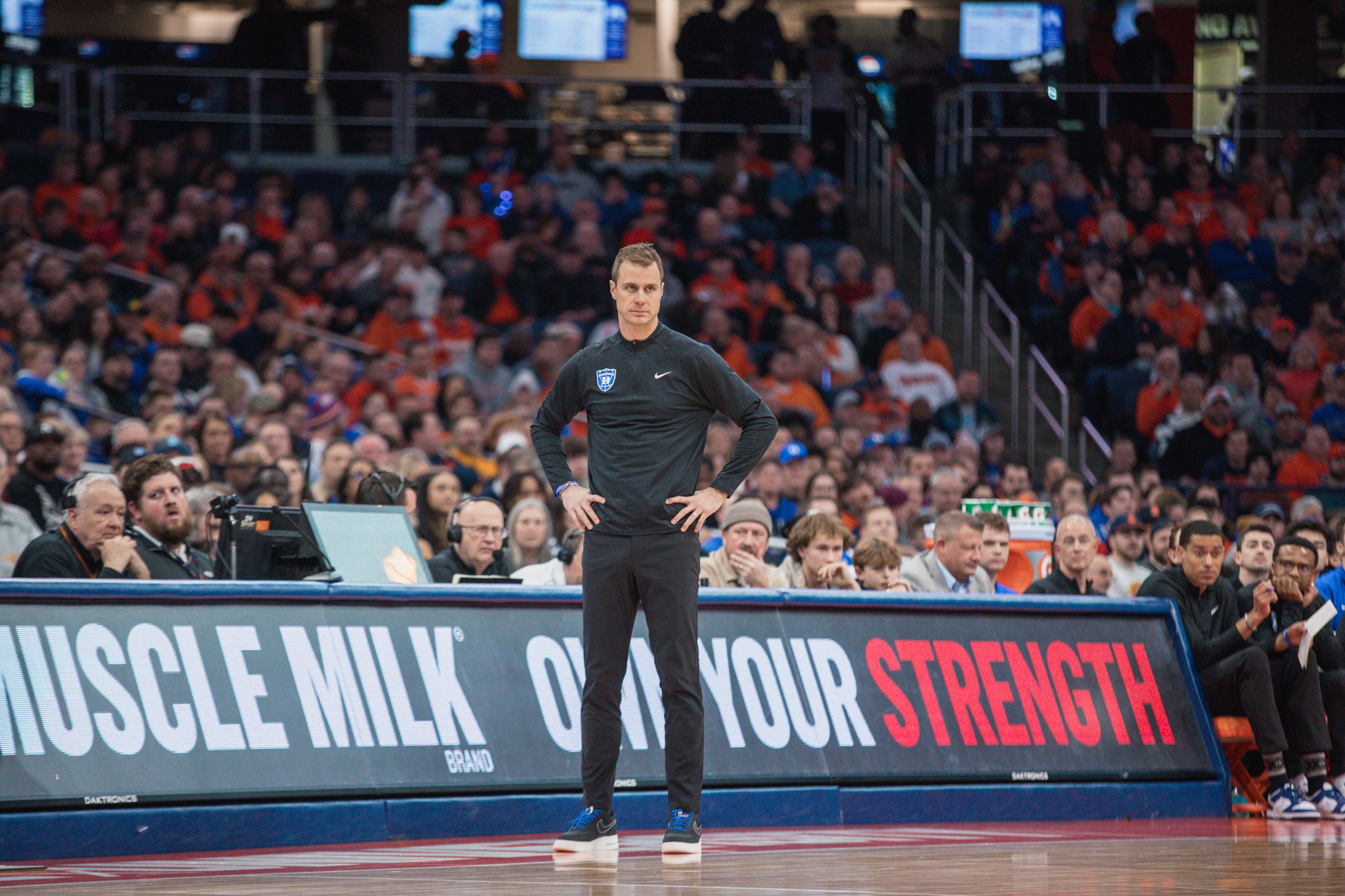 Jon Scheyer looks on as his squad pulls away against the Orange. The third-year head coach has led the Blue Devils to a perfect 12-0 to start ACC play this season.