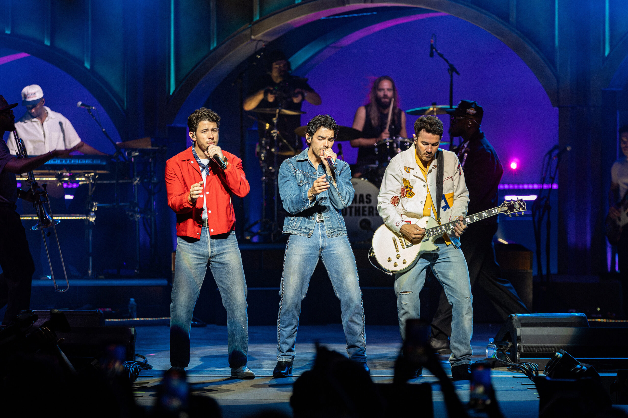 The Jonas Brothers perform their classic hits for the “Jonas20: Greetings from Your Hometown” tour at the Empower FCU Amphitheater at Lakeview in Syracuse on Tuesday night.