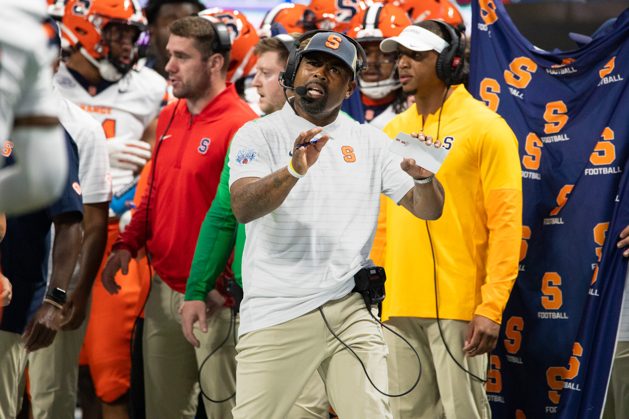 Syracuse head coach Fran Brown directs his team from the sidelines. In his second year helming SU, Brown suffered his first season-opening loss against Tennessee.