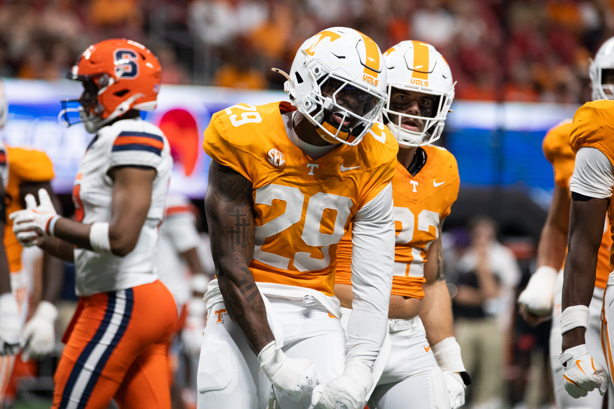 Tennessee defensive lineman Jordan Ross celebrates his tackle for loss. The Volunteers’ defensive line combined for five sacks and seven TFLs against Syracuse.