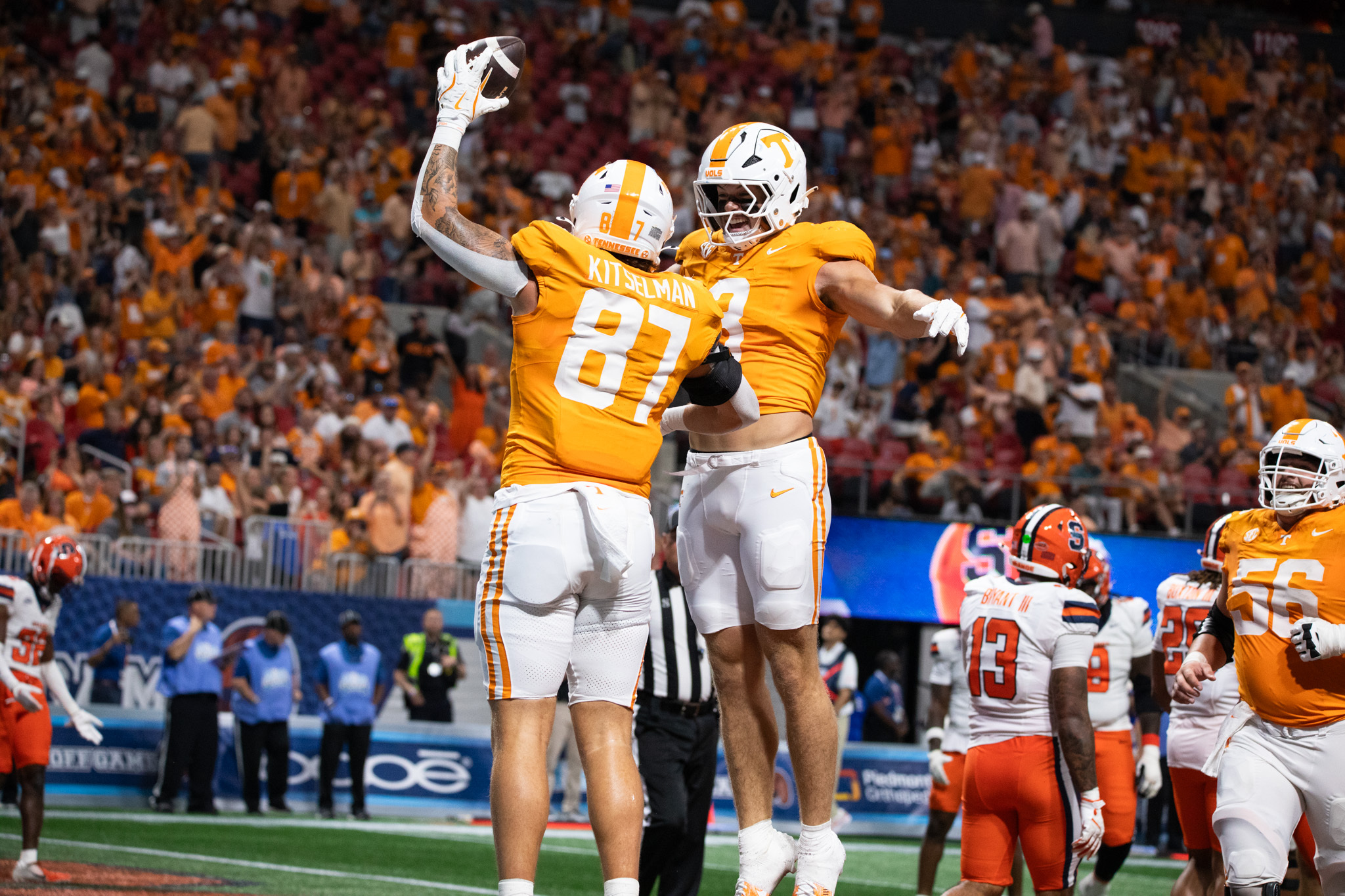 Tennessee tight end Miles Kitselman leaps into the air to celebrate his fourth-quarter receiving touchdown. After transferring from Alabama in 2023, Kitselman has hauled in five scores with the Volunteers.