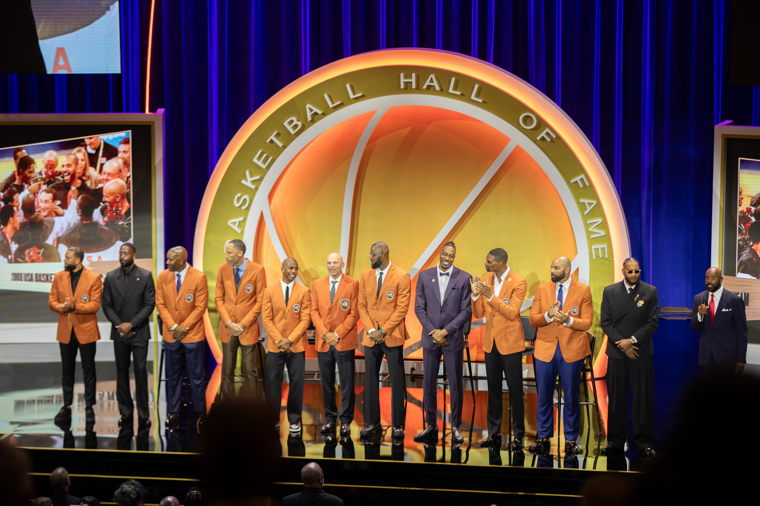 The 2008 Redeem Team poses on stage together at Symphony Hall. Throughout their run to gold medal honors at the 2008 Olympics in Beijing, Anthony averaged 8.6 points and 4.8 rebounds per game. 