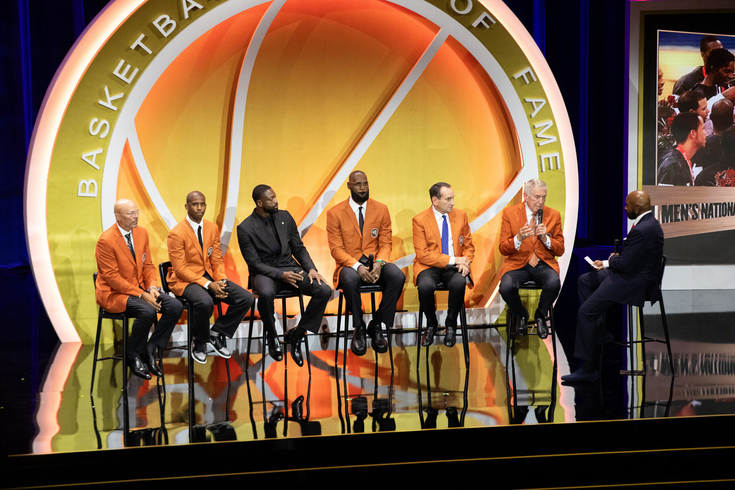 Jason Kidd, Chris Paul, Dwyane Wade, LeBron James, Mike Krzyzewski and Jerry Colangelo (left to right) participate in a panel discussing the 2008 Redeem Team. The Redeem Team, which won the gold medal, was assembled to restore American dominance in Olympic basketball after disappointing finishes in the early 2000s.
