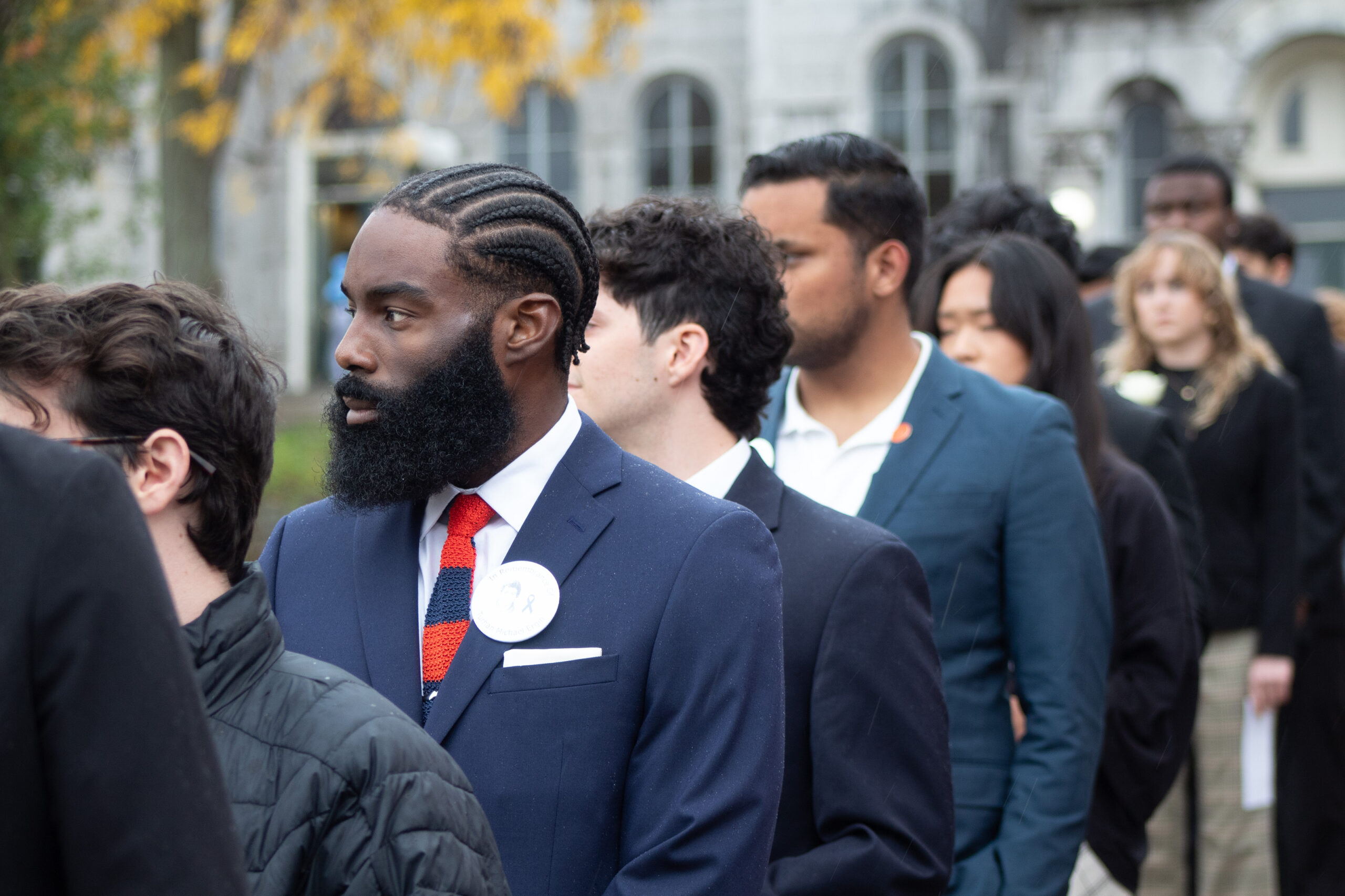 Remembrance Scholars line up during the Rose Laying Ceremony, preparing to share what they took away from their respective honoree. The ceremony is one of the closing events for the 37th annual Remembrance Week.