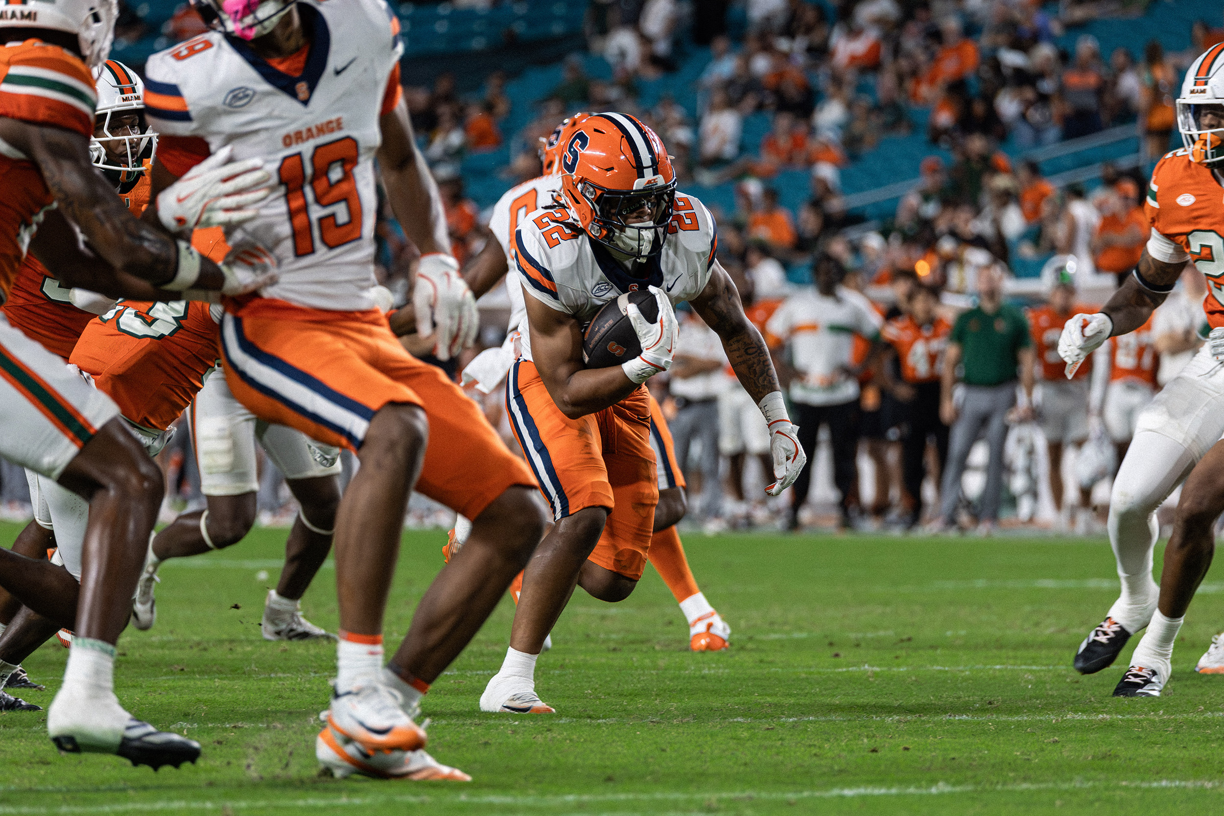 Jaden Hart finds a gap on a fourth-quarter rush. Hart tallied two carries for 18 rushing yards, adding to Syracuse’s 161 total, its second-most this season.