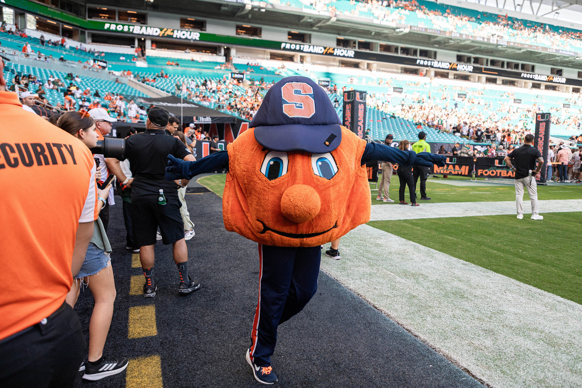 Syracuse mascot Otto the Orange runs on SU’s sideline before its matchup with Miami. The loss was Syracuse’s sixth in a row.