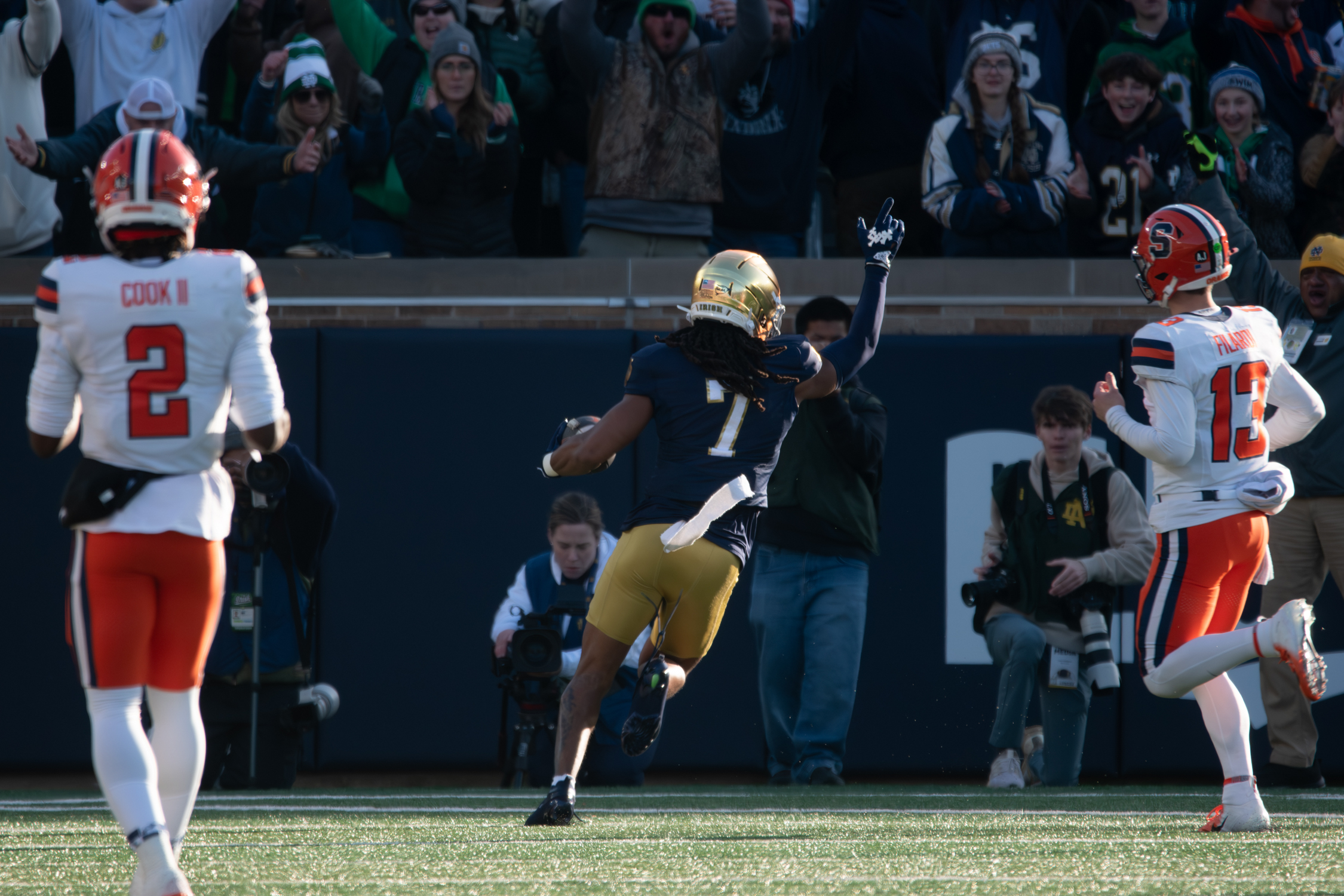 Notre Dame safety Jalen Stroman reaches the end zone after returning a Filardi pass 44 yards for a pick-six. Stroman’s touchdown was the first of the game, as the Fighting Irish scored a program-record 35 first-quarter points.