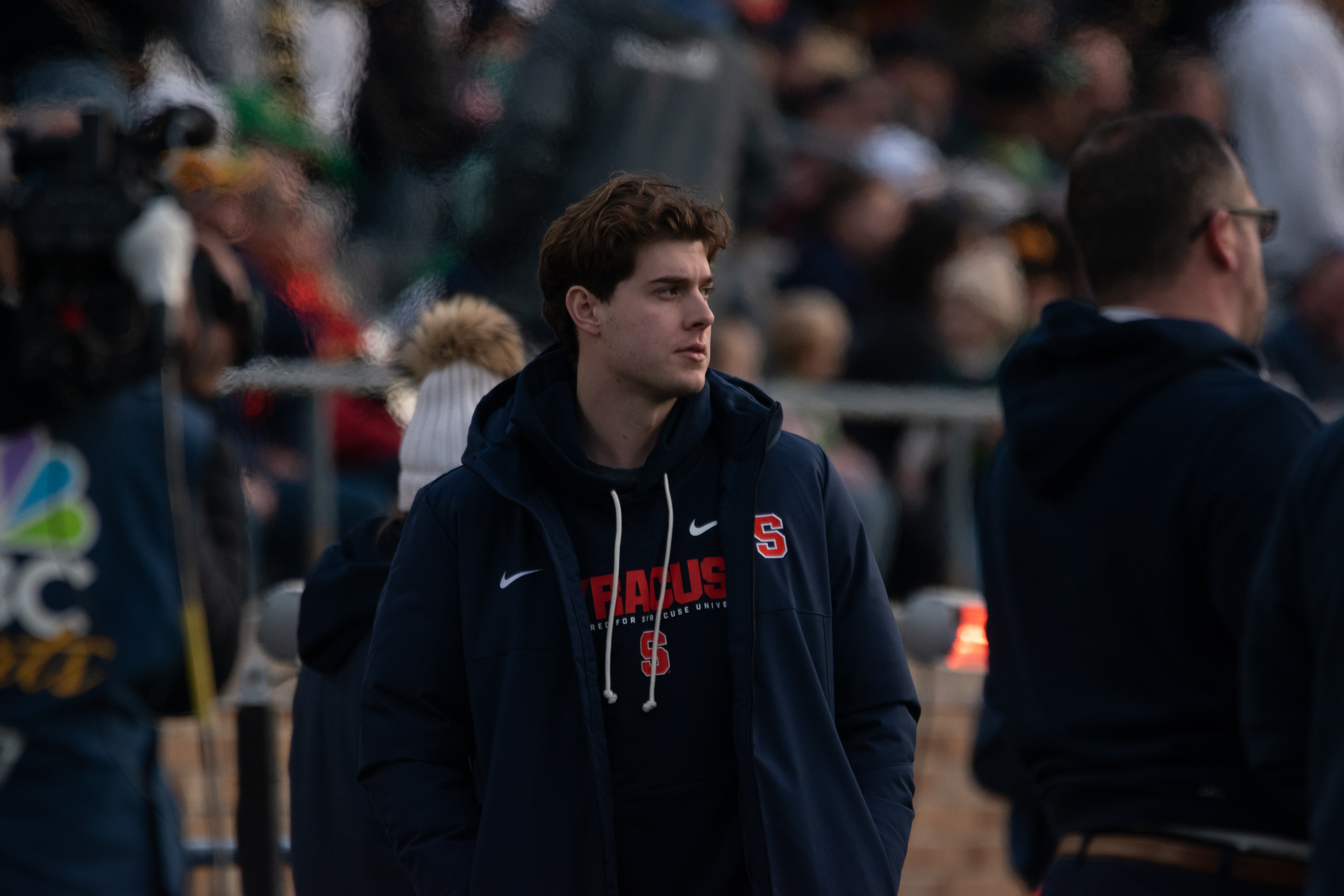Syracuse quarterback Steve Angeli stands on the sideline before SU’s matchup with Notre Dame. Angeli, who played for the Fighting Irish from 2023-24, suffered a season-ending injury in the Orange’s win over Clemson on Sept. 20.