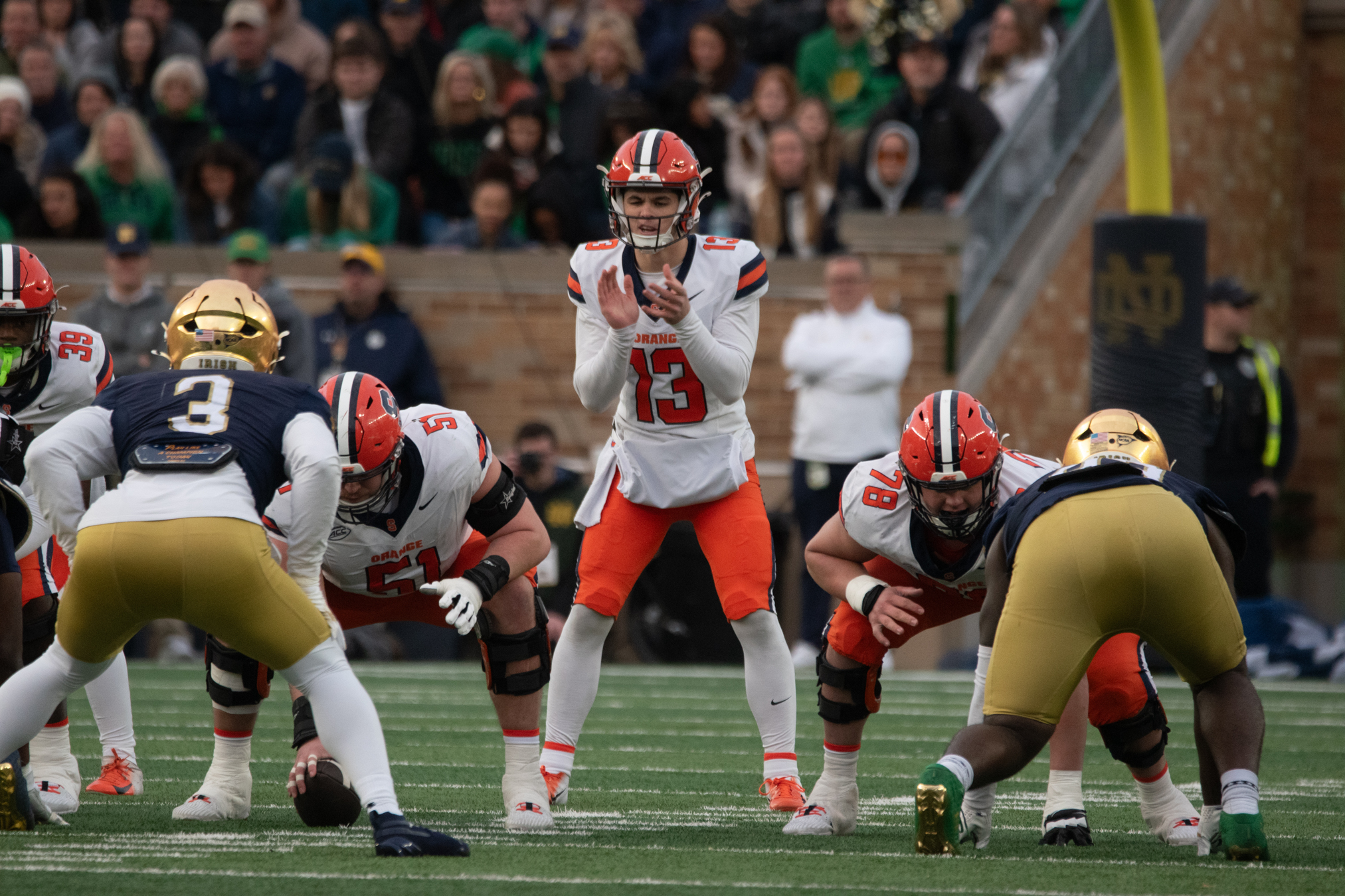 Syracuse quarterback Joe Filardi stands in the pocket Saturday. Filardi threw three interceptions, including two pick-sixes, in the Orange’s loss to the Fighting Irish.