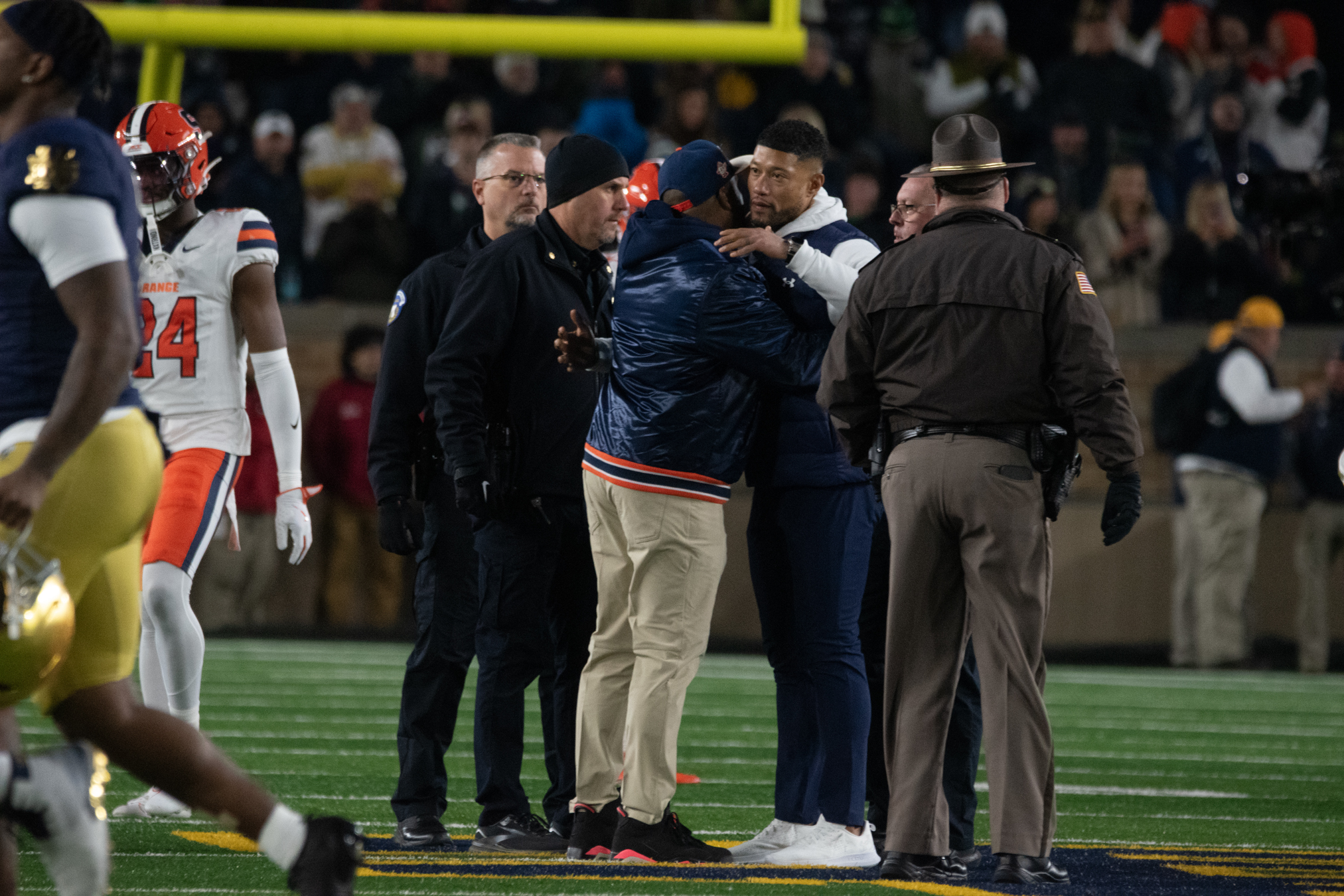 Syracuse head coach Fran Brown hugs Notre Dame head coach Marcus Freeman after SU’s loss to the Fighting Irish. Brown said postgame that Freeman’s squad is what he wants the Orange to look like going forward.