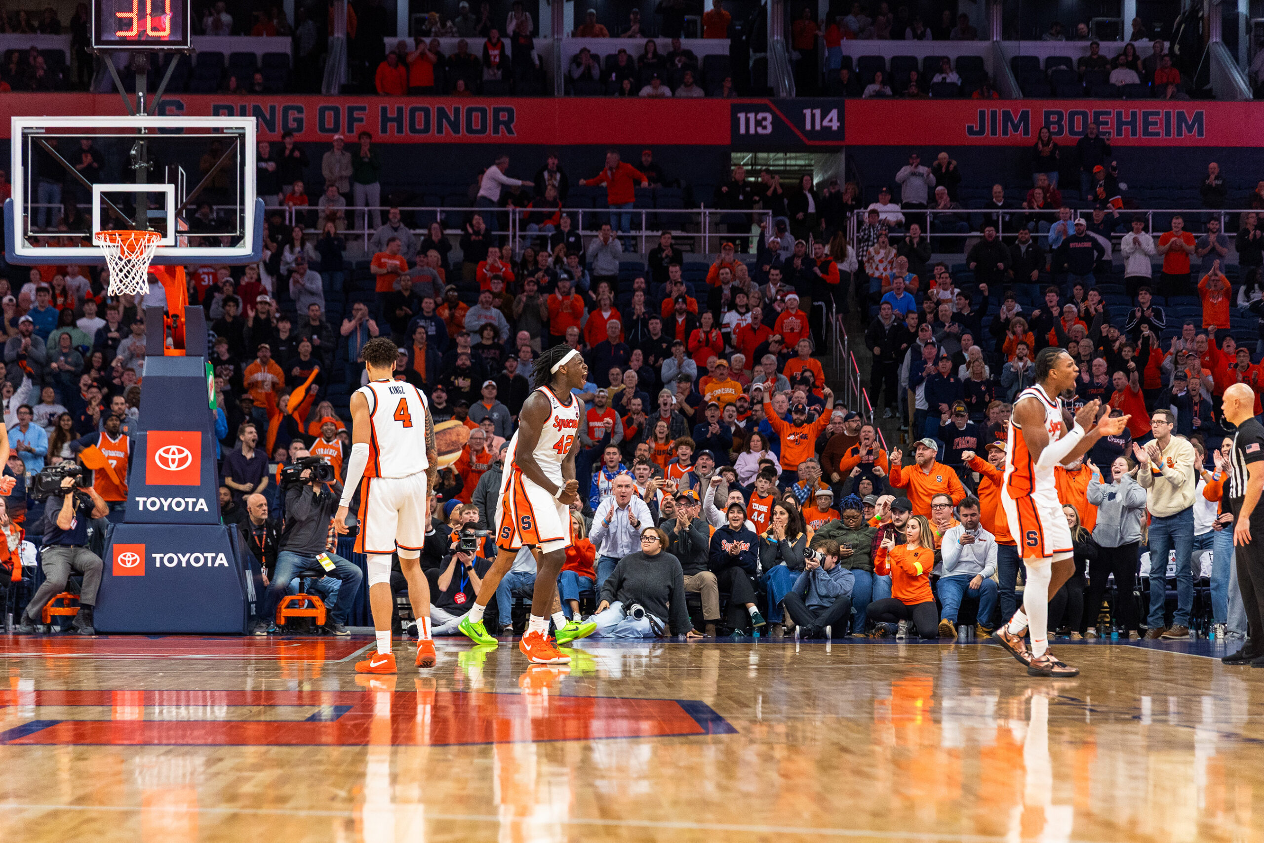 Syracuse starters William Kyle III and J.J. Starling yell emphatically after forcing the Vols’ final turnover. Alongside Starling’s second-half production, Kyle made his presence known with seven rebounds, six blocks and 10 points.