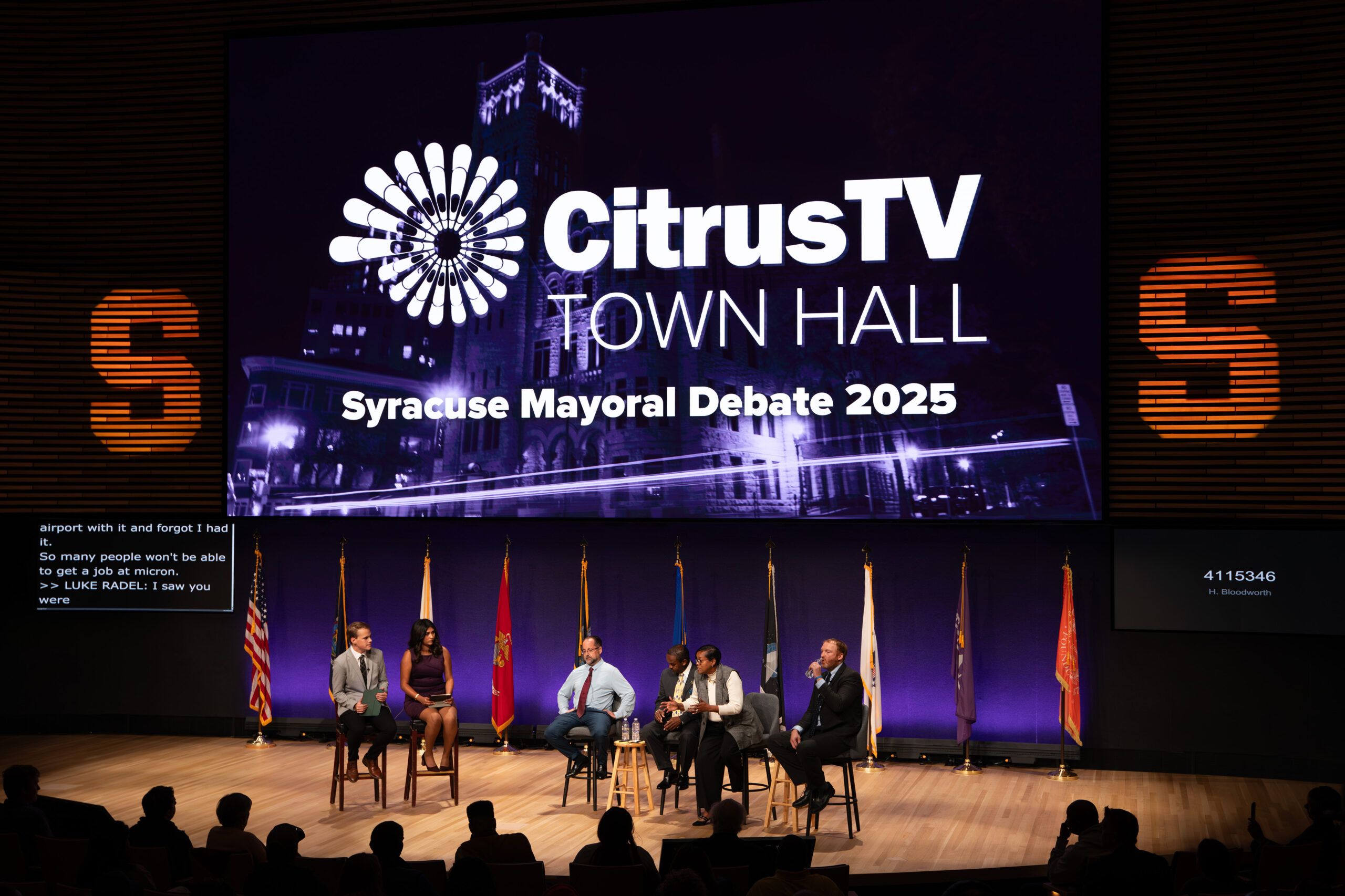 October: Sharon Owens, Tom Babilon, Alfonso Davis and Tim Rudd answer questions from the SU community at an on-campus mayoral debate hosted by CitrusTV. Participants submitted their questions before the debate.
