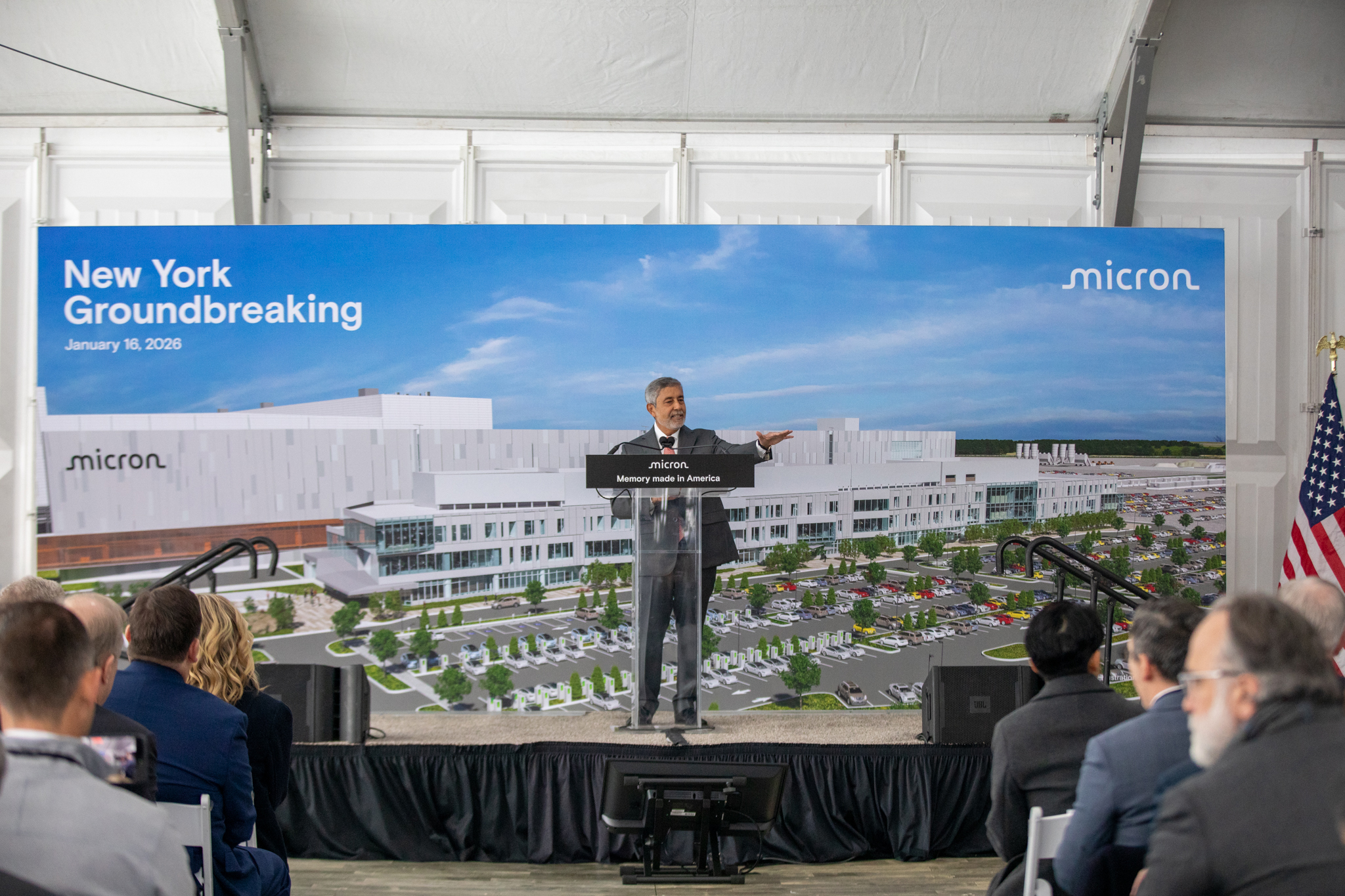 Micron CEO Sanjay Mehrotra addresses a crowd as he kicks off the groundbreaking event at White Pine Commerce Park. Mehrotra said Micron is one of the largest private manufacturing investments in American history.
