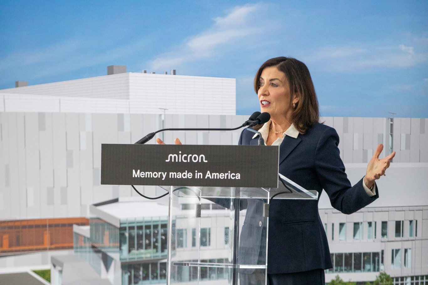 New York Gov. Kathy Hochul speaks at Micron’s groundbreaking. The governor said Micron’s investment is a “once in a lifetime opportunity” for New York to reverse a nationwide manufacturing decline.