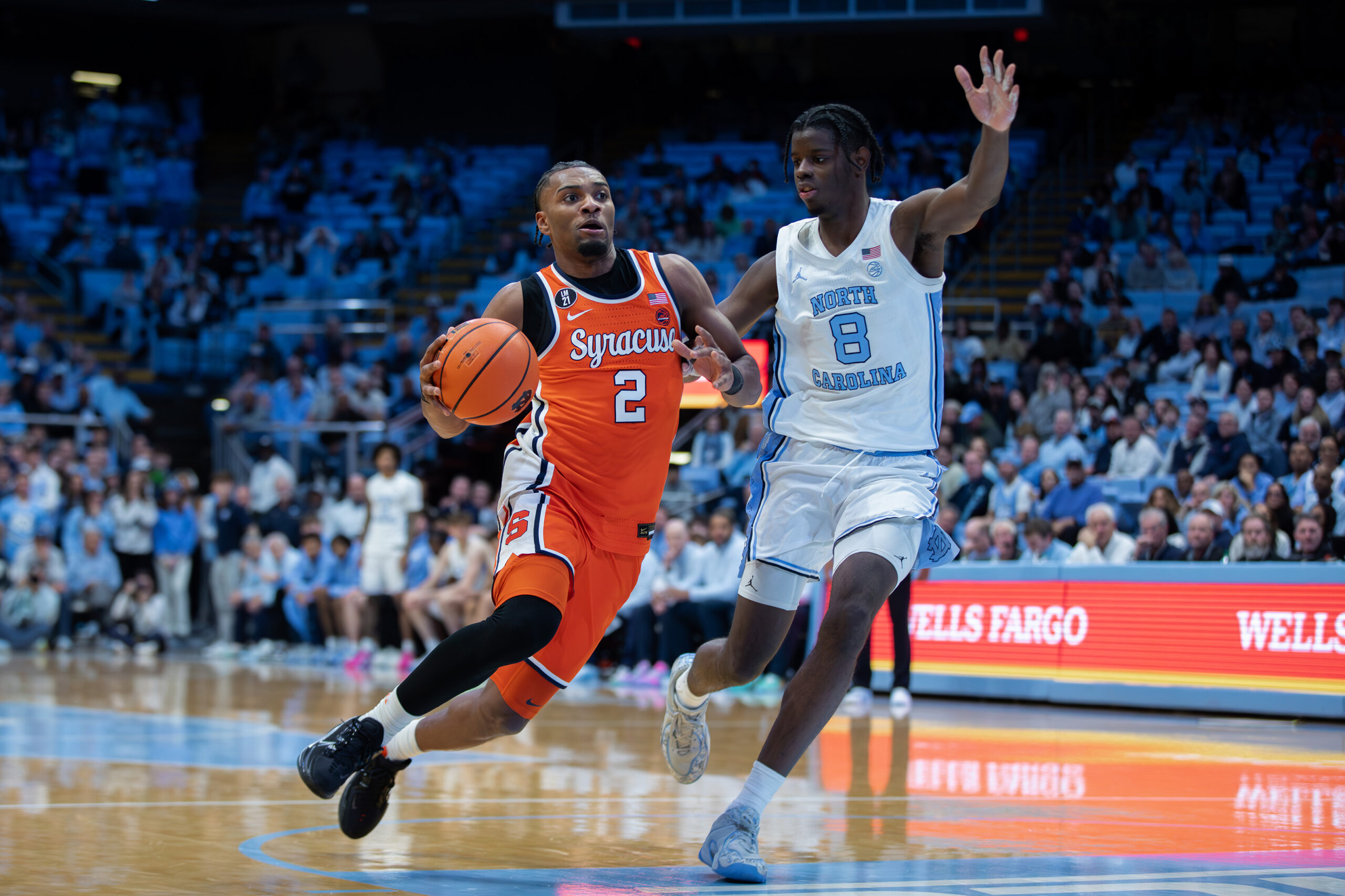 J.J. Starling attacks the paint against North Carolina’s Caleb Wilson, who is a projected lottery pick in the 2026 NBA Draft. Wilson’s 22 points and nine rebounds helped UNC lead by as many as 32 points in the second half. 