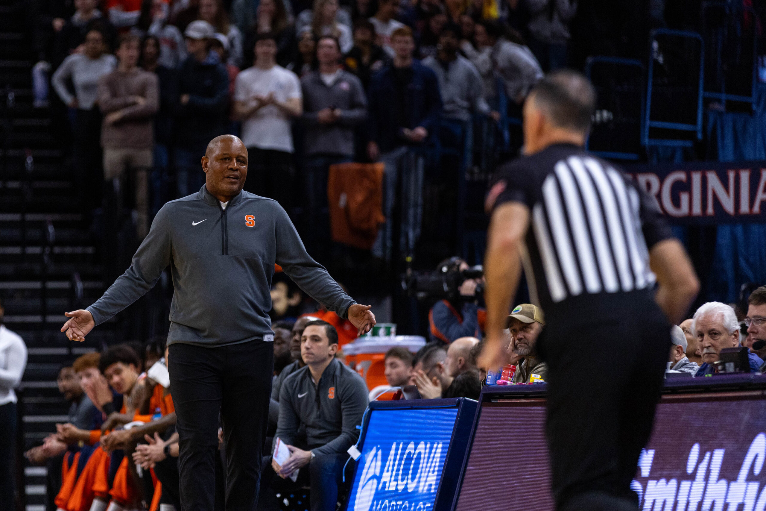 Adrian Autry looks down the court with his arms out in confusion. SU’s loss to Virginia makes it more likely that it’ll miss the NCAA Tournament for the fifth consecutive season — one shy of its longest drought since missing six straight from 1967-72.