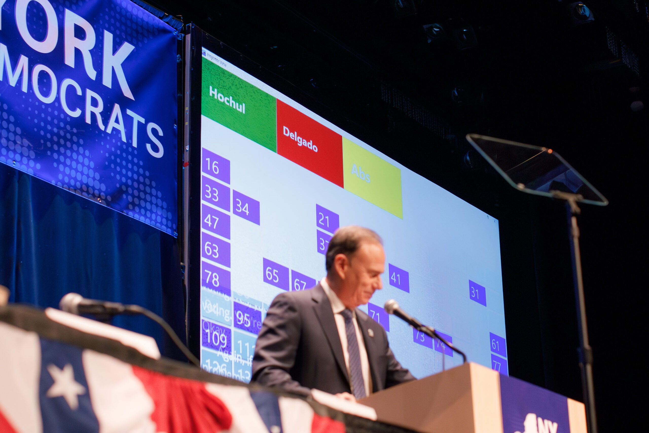 State Committee Chair Jay Jacobs addresses the crowd as members submit their vote on their preferred gubernatorial candidate. Antonio Delgado, the state’s current lieutenant governor, didn’t receive enough delegate votes to automatically appear on the ballot during June’s primaries.