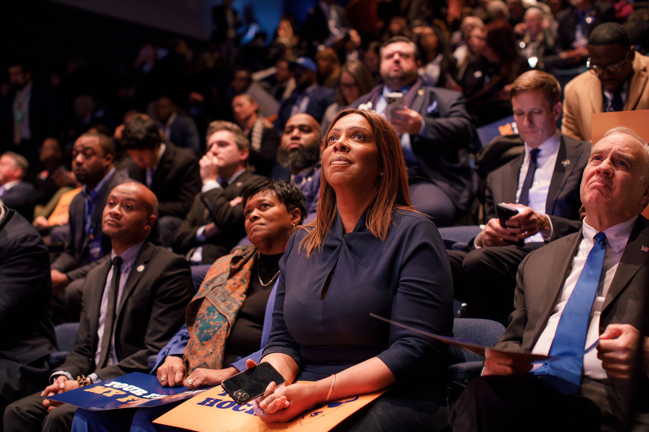 New York state Democrats watch Adrian Adams’ introductory video during the convention. Democrats make up over 47% of New York’s registered voters, according to the Independent Voter project.