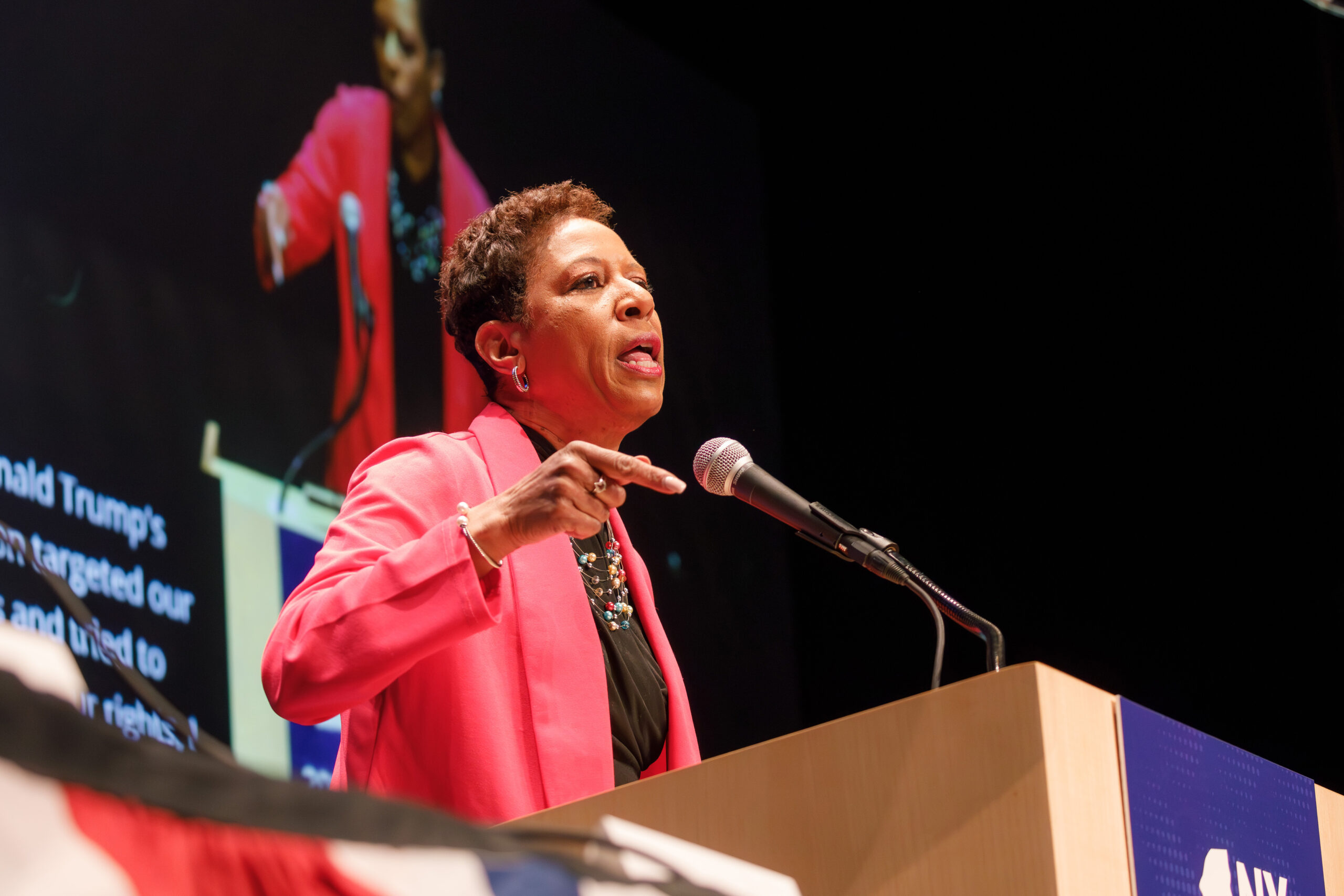 Adrienne Adams, former New York City Council Speaker, describes how she believes President Donald Trump’s administration has “targeted our communities.” The pair, Adams and Hochul, marks the first all-female gubernatorial ticket in the state’s history.