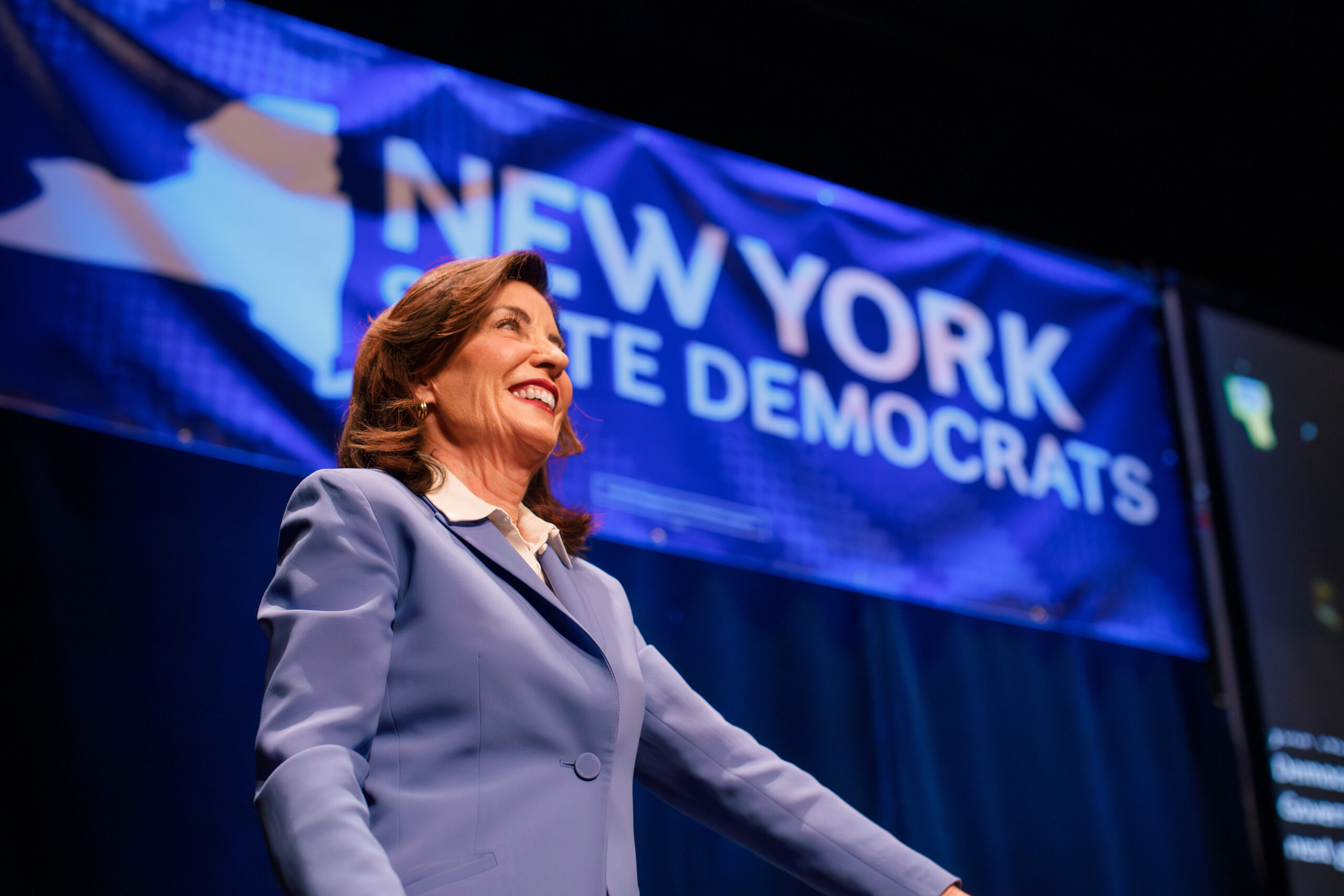 New York Gov. Kathy Hochul smiles as she steps on stage at the New York State Democratic Convention to accept her nomination as state Democrats’ preferred candidate. Hochul earned just over 85% of the weighted vote from state committee members.