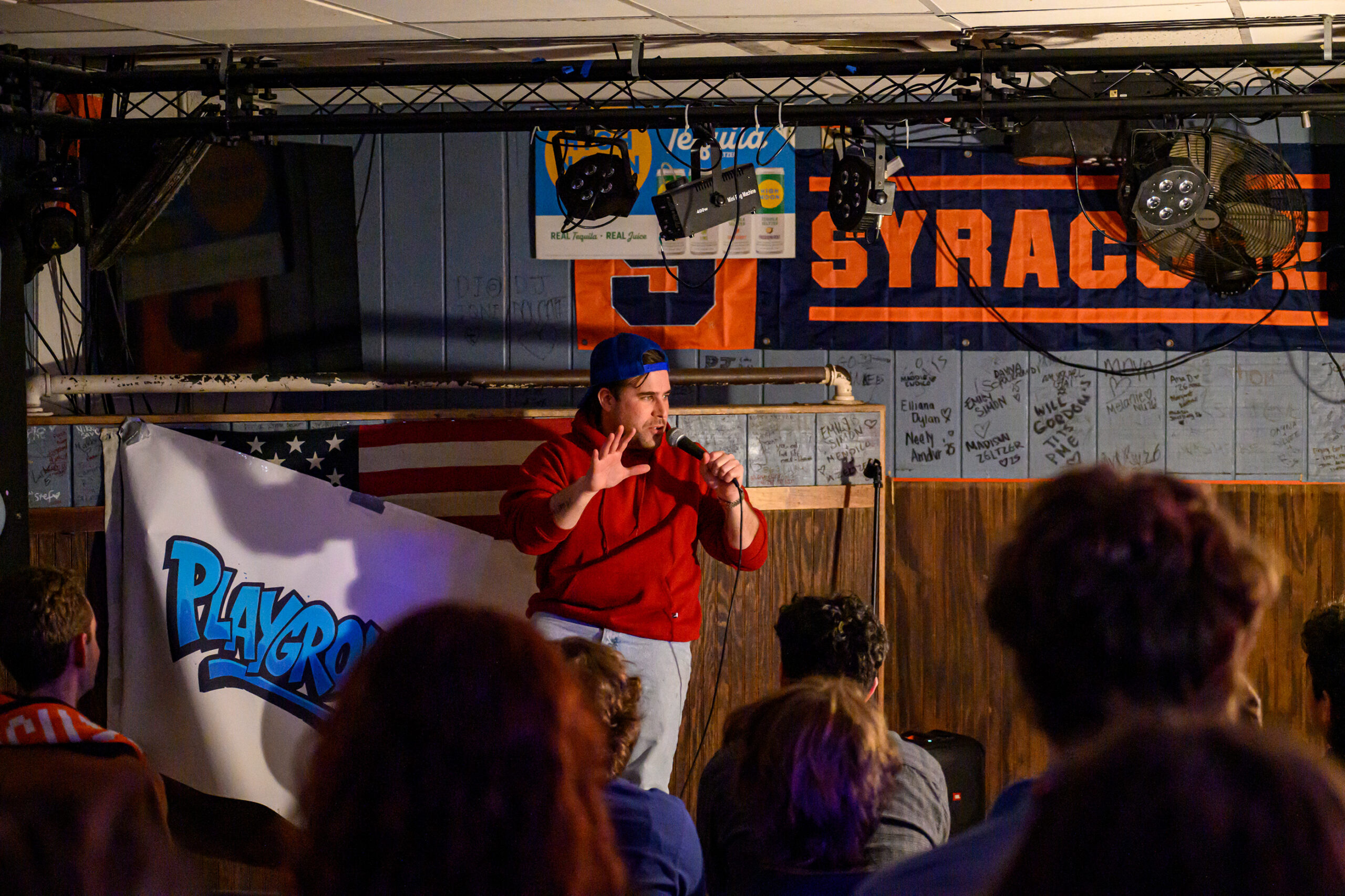 Comedian Alex Cureau tests material, pokes fun at The Playground audience