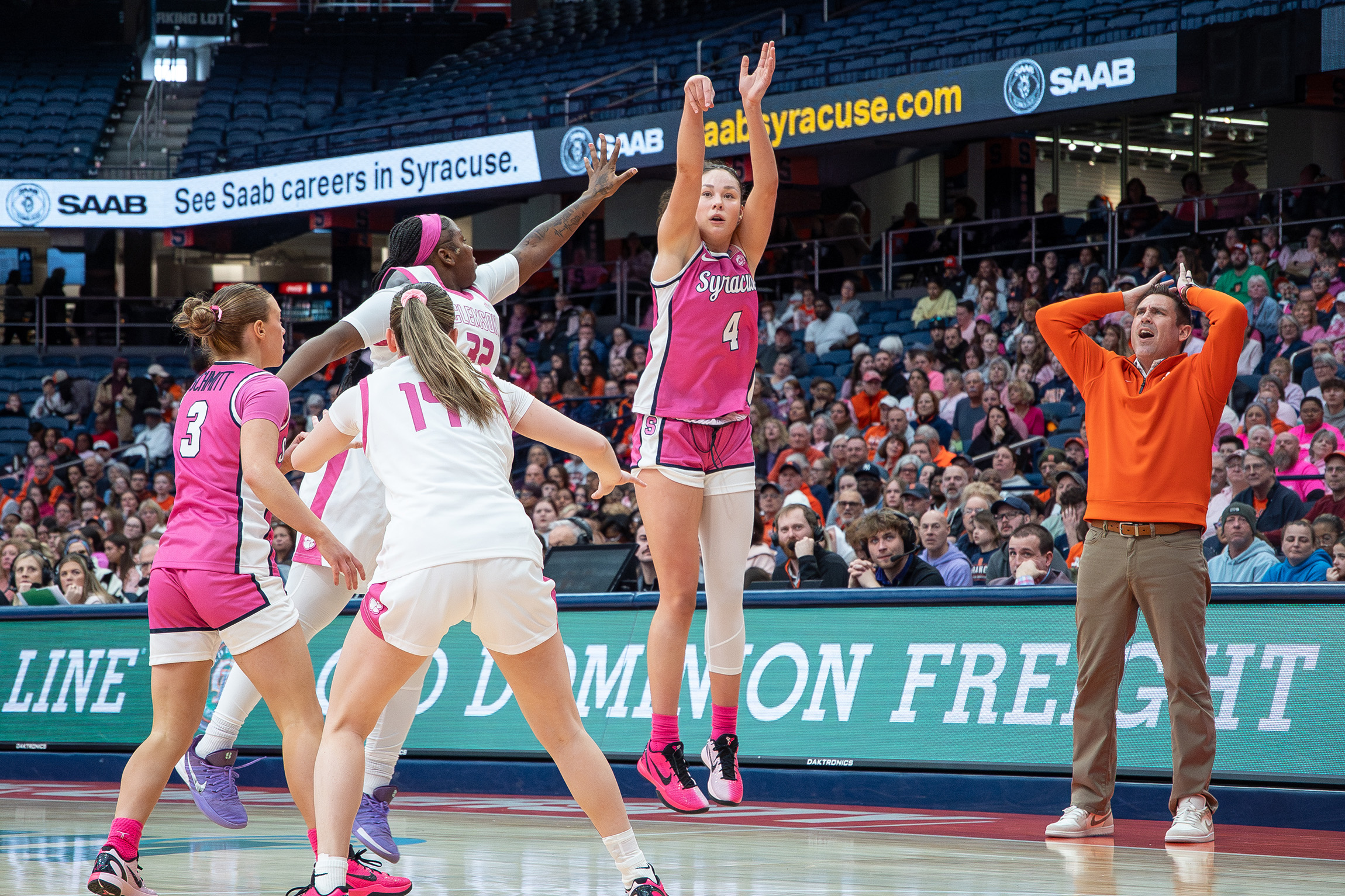 Syracuse women’s basketball’s Sophie Burrows attempts a triple in the Orange’s four-point win over Clemson Sunday. Burrows exploded for a team-high 19 points and a career-best 16 rebounds to propel SU over the Tigers and toward the NCAA Tournament.