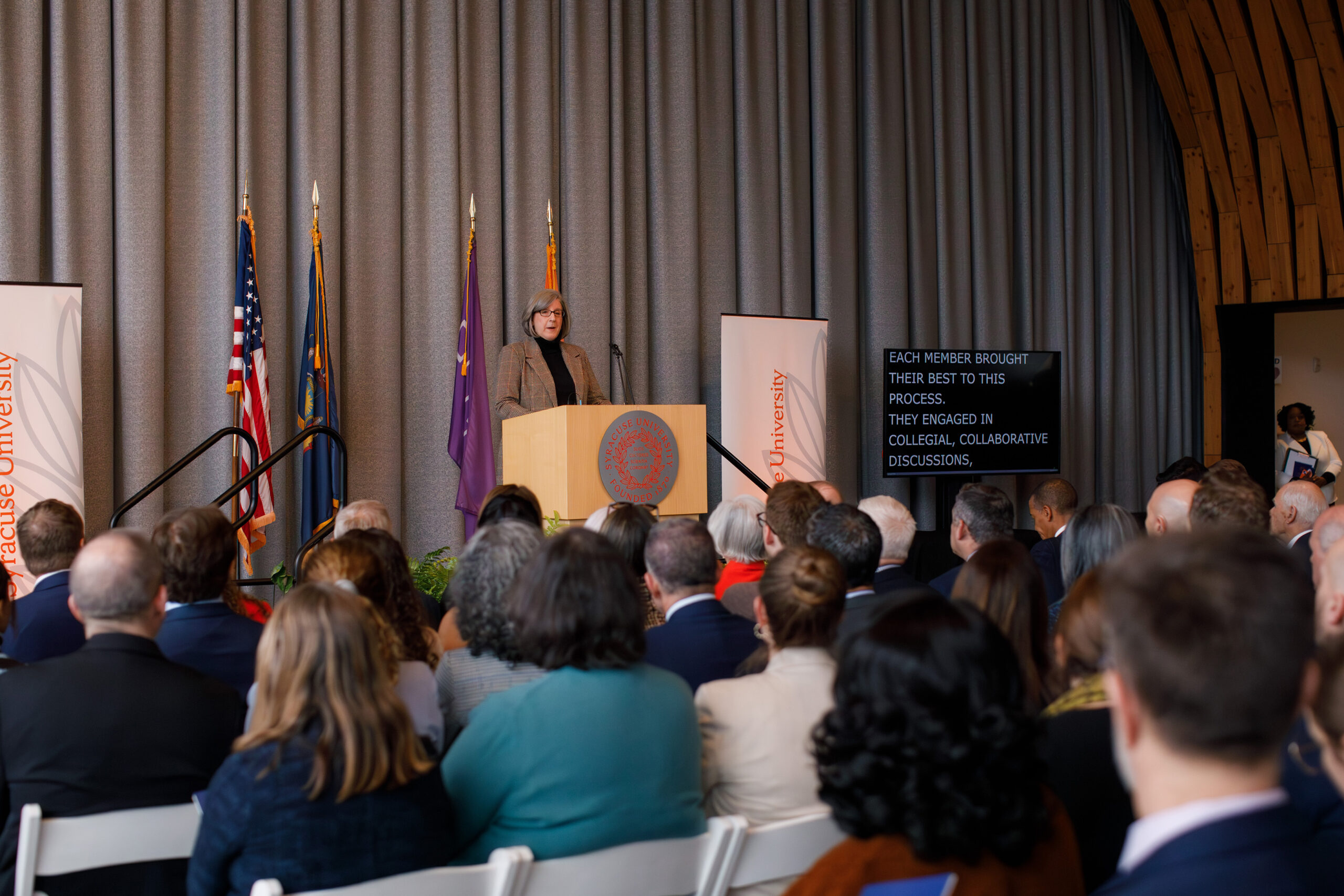 Lisa Fontenelli addresses the crowd during Mike Haynie’s announcement. As co-chair of the chancellor search committee, Fonenelli highlighted Haynie’s entrepreneurial background and commitment to students as reasons for his selection. 