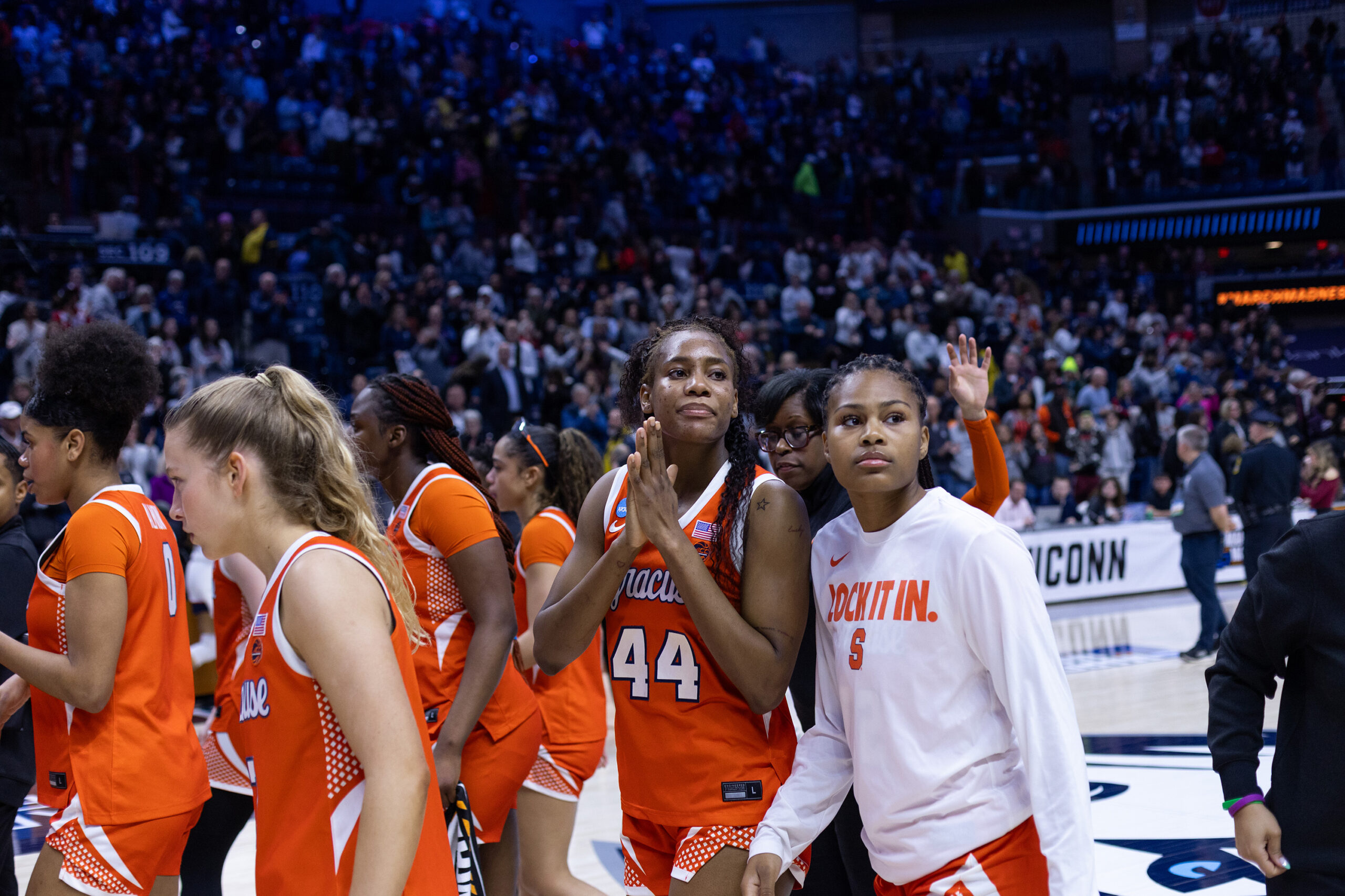 Syracuse center Uche Izoje thanks Syracuse fans after the Orange were eliminated by UConn in the NCAA Tournament Second Round at Gampel Pavilion. Izoje finished her freshman year averaging 15.6 points per game. 
