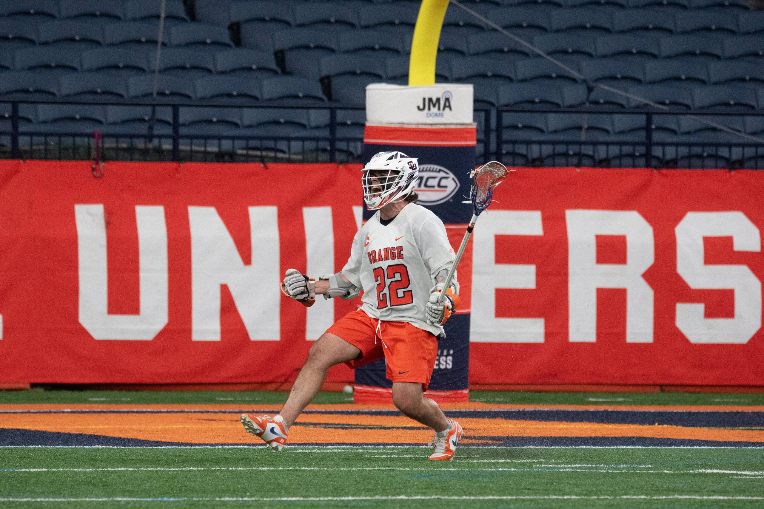 Syracuse attack Joey Spallina expresses his excitement in the Orange’s win over Virginia Saturday. Spallina logged five points in the victory, moving him within two of setting the program record and surpassing Mikey Powell’s 307 career mark.

