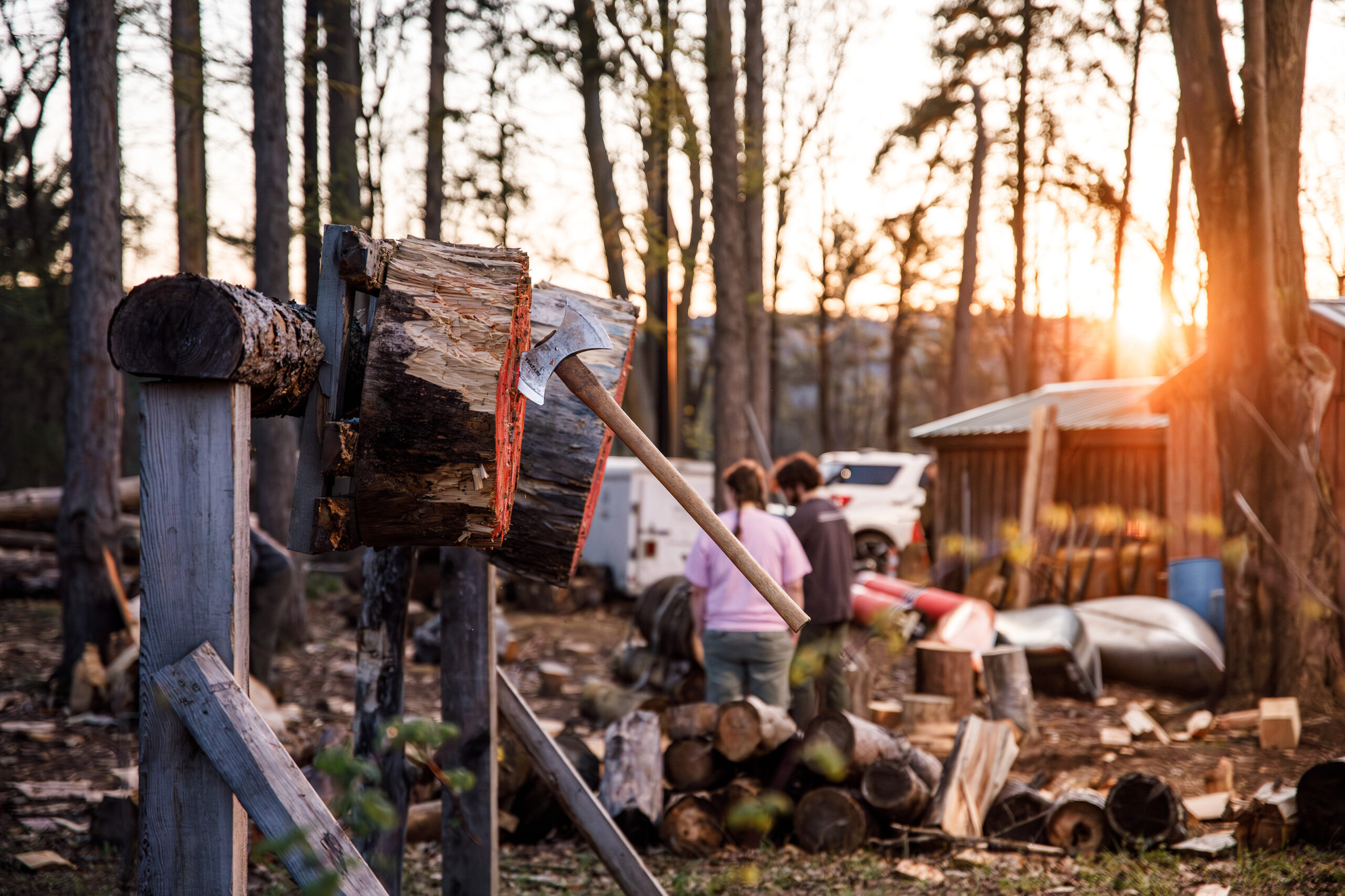 An ax hits a throwing target. Ax throwing is one of the few untimed events in timbersports, requiring mental focus under pressure for a perfect bullseye.
