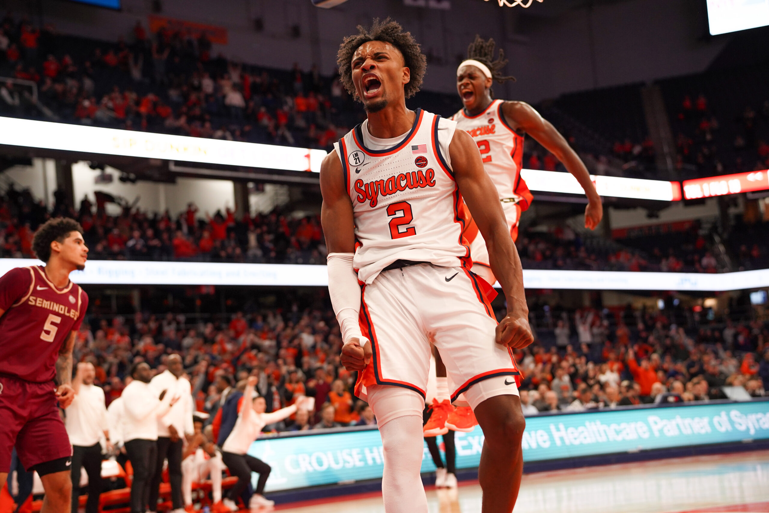 January 13, 2026: Syracuse guard J.J. Starling celebrates during SU’s 94-86 win over Florida State. The victory was the Orange’s last of a three-game winning streak, one of Syracuse’s most dominant stretches of the season.