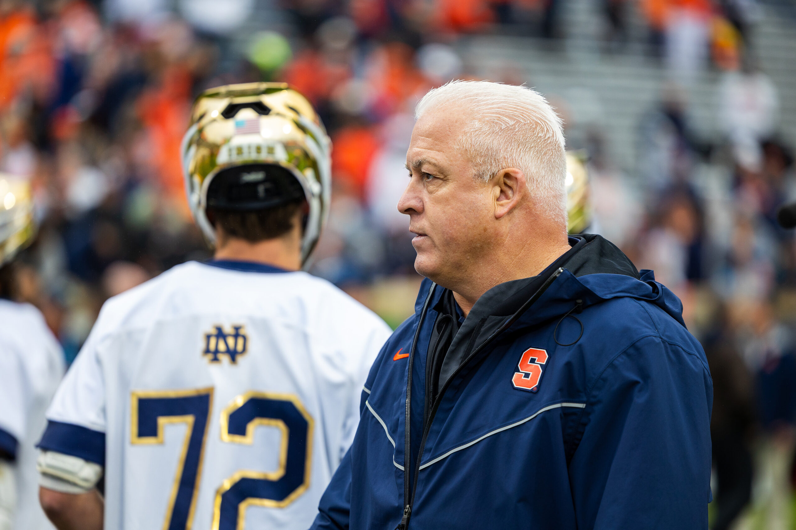Syracuse head coach Gary Gait glances toward his bench in SU’s 15-7 loss to Notre Dame. For the second consecutive season, Gait’s Orange were eliminated in the Final Four.
