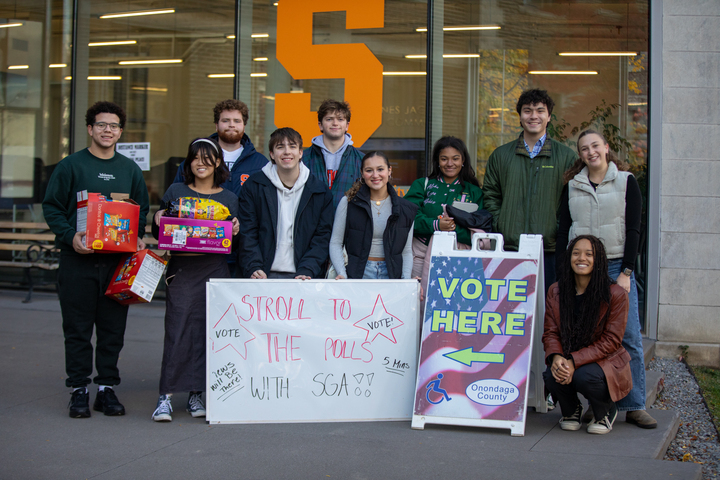 Students outside the Huntington Hall polling site