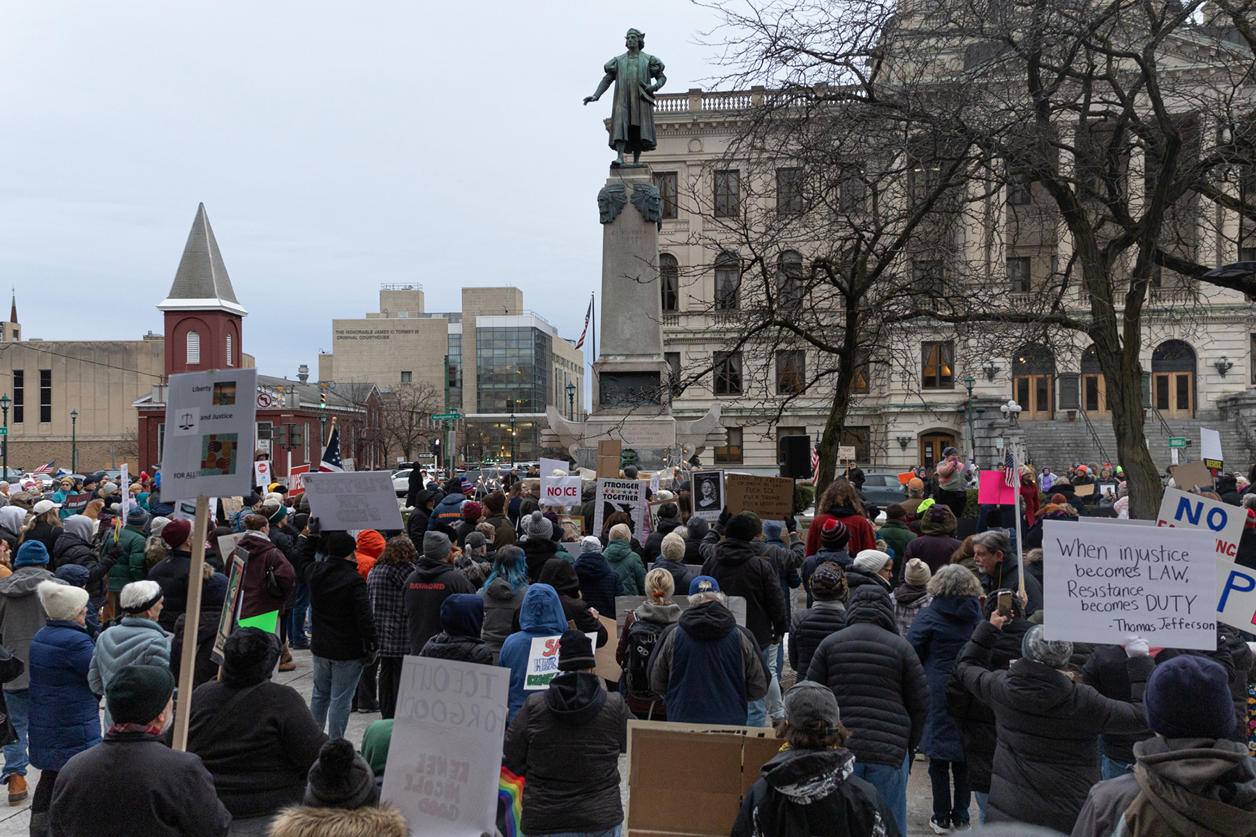 Protesters stand around Columbus Circle